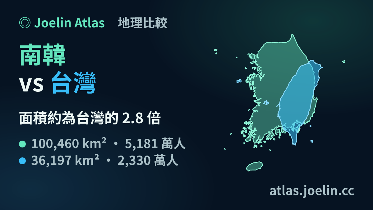 南韓與台灣的同比例輪廓比較圖（Joelin Atlas）：南韓面積約台灣 2.78 倍